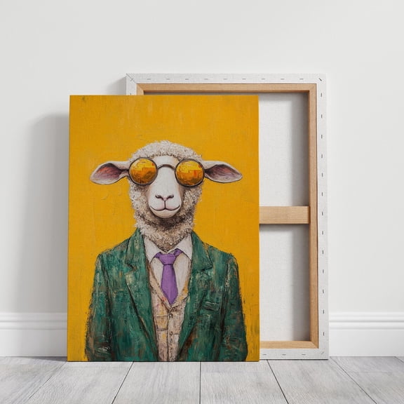 Velto Sheep Canvas Wall Art Quirky Animal Portrait in Suit on Yellow Background Fun Rustic Room Decoration, SIZE 8x10 INCLUDE Pine Wood Frame 0.75-Inch