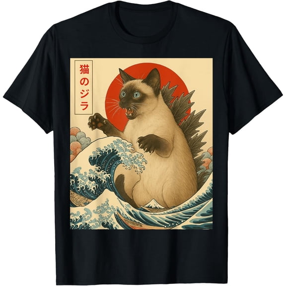 Velto Siamese cat Catzilla Great Wave Japanese Art Tee T-Shirt All Size S-5XL