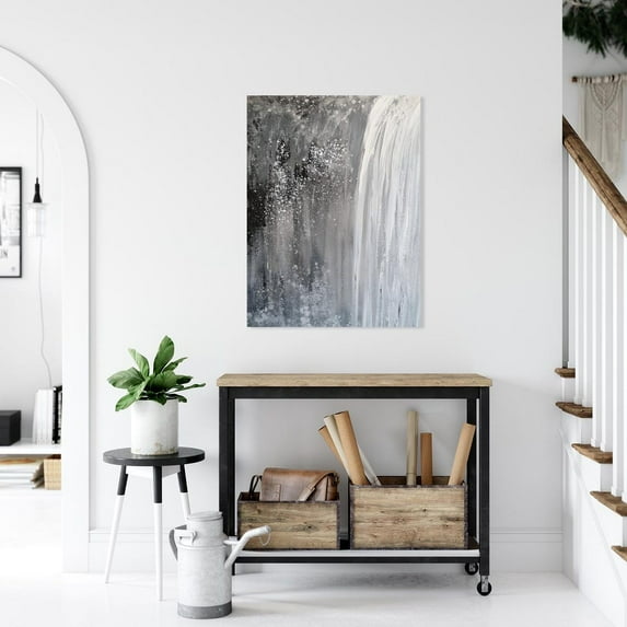 Velto Silver Glitter Imitation Abstract Waterfall, Modern Minimalist Art, Elegant Black And White Wall Decor Canvas, 8x12 0.75-Inch Pine Wood Frame