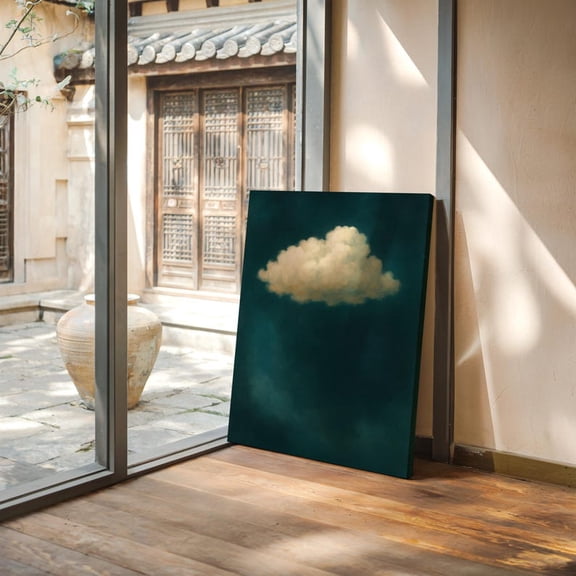 Velto Single Cloud Canvas, Moody Teal Sky Wall Art, Minimal Surreal Modern Decor, SIZE 16x24 INCLUDE Pine Wood Frame 1.25-Inch