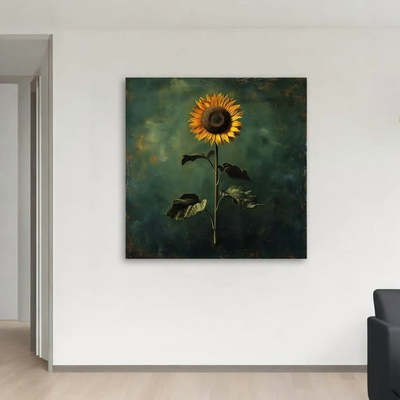 Velto Single Sunflower On Dark Green Canvas - Elegant Wall Art And Nature-Inspired Gift For Rustic Home Decor Canvas, 8x10 UNFRAMED