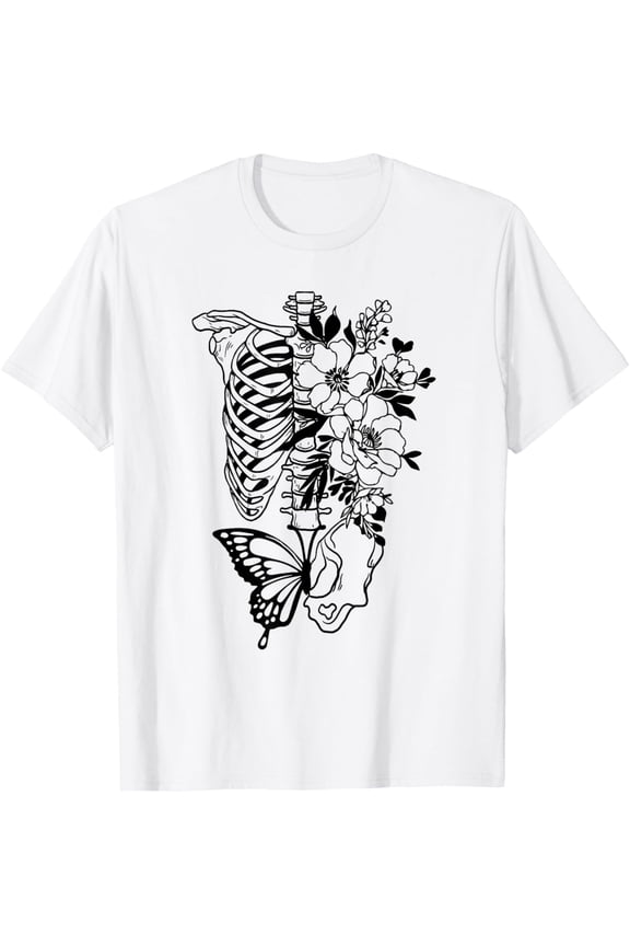 Skeleton Fairycore Flowers Aesthetic Gothic Grunge T-Shirt All Size S-5XL