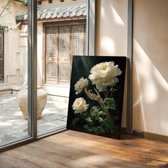 Velto Skeleton Hand Holding White Rose | Gothic Floral Wall Art Canvas, 16x24 UNFRAMED