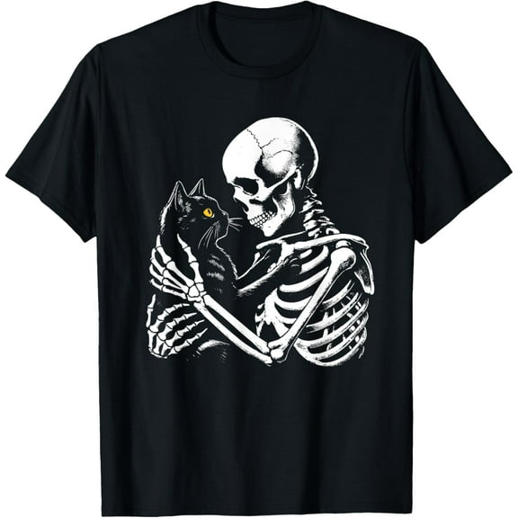 Velto Skeleton Hugging Black Cat Gothic Design T-Shirt All Size S-5XL