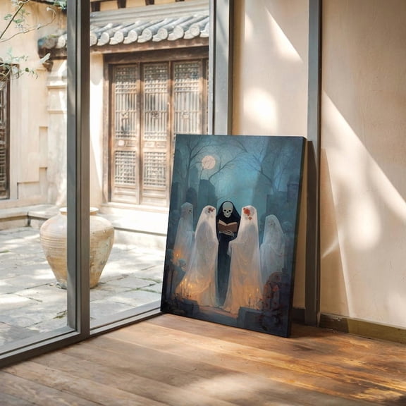 Velto Skeleton Officiant Marries Ghost Brides in Cemetery Spooky Romantic Canvas Wall Art with Gothic Spirit Wedding Theme, SIZE 8x10 INCLUDE Pine Wood Frame 1.25-Inch