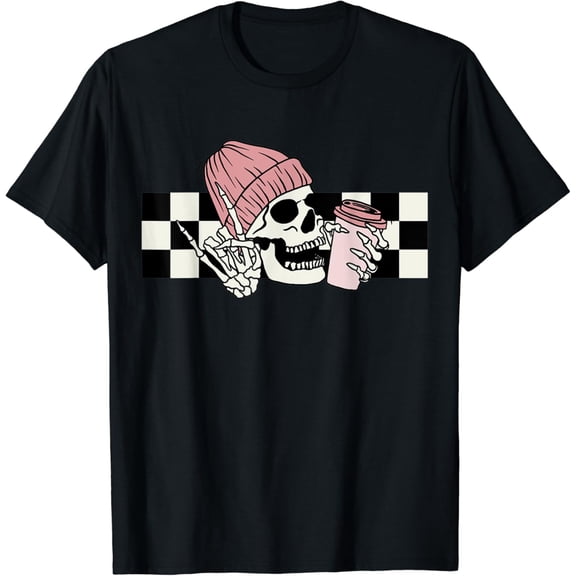 Velto Skeleton Peace Sign Coffee Checkerboard T-Shirt All Size S-5XL
