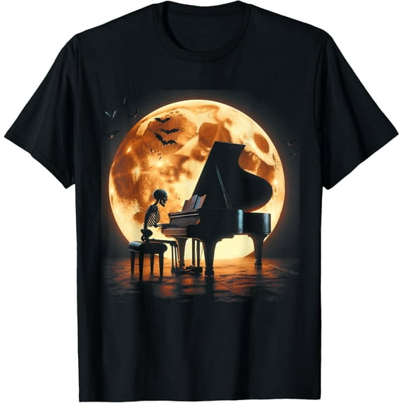 Velto Skeleton Playing Piano Moon Music T-Shirt All Size S-5XL