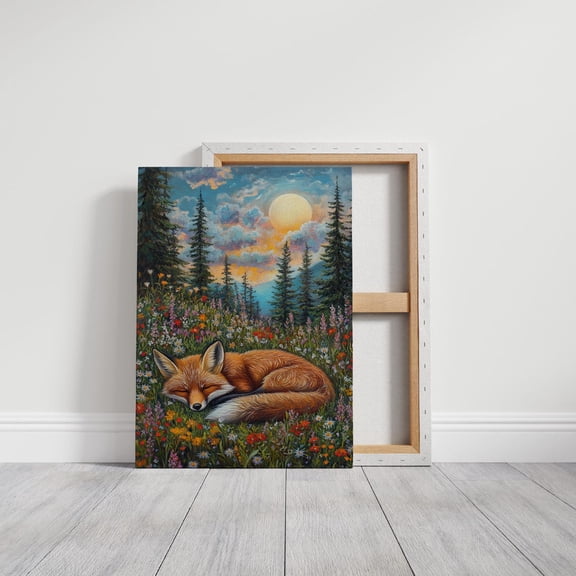 Velto Sleeping Fox In Meadow Canvas Art - Tranquil Nature Scene With Wildflowers, Forest Pines & Crescent Moon For Cottagecore And Rustic Decor Canvas, 8x12 UNFRAMED
