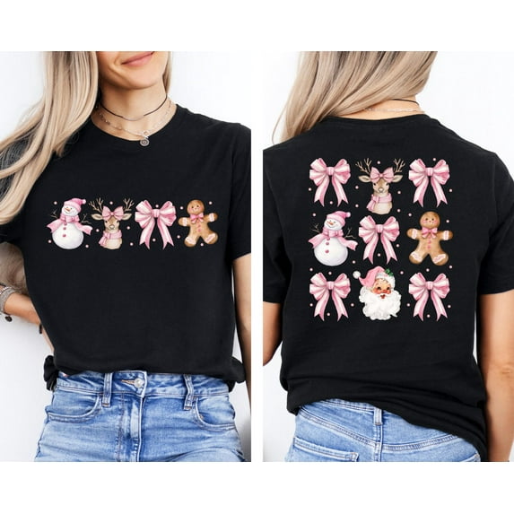 Velto Snowman Pink Bow Candy Reindeer Gingerbread T-Shirt ,Pink Happy Holiday Shirt, Happy Holiday Snowman Shirt, Gingerbread Tee, Girls Happy Holiday Shirt All Size S-5XL