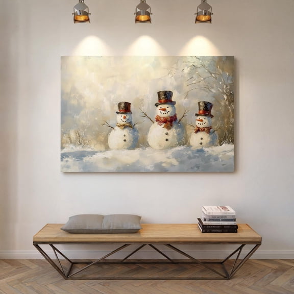 Velto Snowmen Canvas Art Winter Seasonal Rustic Illustration Holiday Snow Scene Cozy Inspired Wall Decor, SIZE 12x18 INCLUDE Pine Wood Frame 1.25-Inch