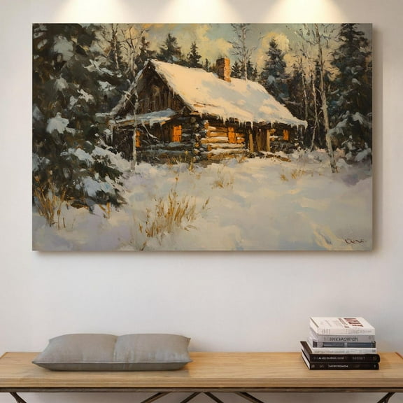 Velto Snowy Cabin Canvas Art - Rustic Winter Lodge, Cozy Log Cabin Wall Decor for Woodland Lovers, SIZE 8x12 INCLUDE Pine Wood Frame 1.25-Inch