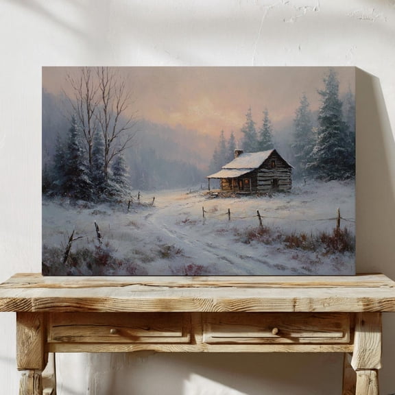 Velto Snowy Cabin In Forest Canvas – Winter Log Cabin Landscape Peaceful Frosty Morning, Rustic Holiday Woodland Décor Canvas, 16x24 UNFRAMED