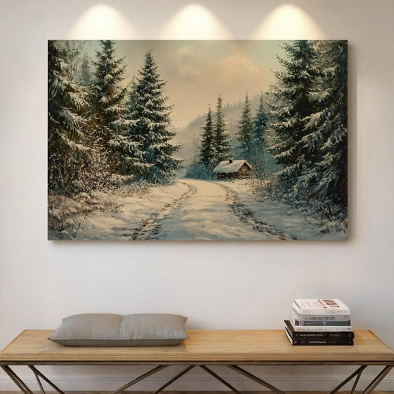 Velto Snowy Cabin Winter Forest Canvas Art Rustic Woodland Lodge Landscape Seasonal Cozy Wall Decor, SIZE 8x10 INCLUDE Pine Wood Frame 1.25-Inch