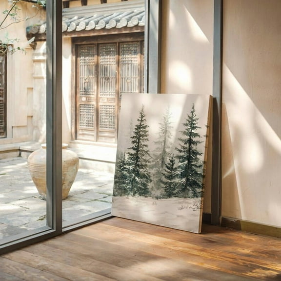 Velto Snowy Evergreen Forest Canvas Art Tranquil Pine Trees Winter Rustic Cabin Wall Decor, SIZE 8x10 INCLUDE Pine Wood Frame 1.25-Inch