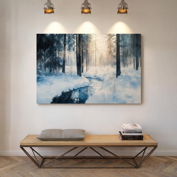 Velto Snowy Forest Stream Canvas Art Rustic Winter Landscape Nature Inspired Seasonal Wall Decor, SIZE 12x16 INCLUDE Pine Wood Frame 1.25-Inch