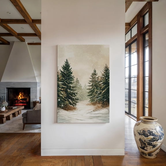 Velto Snowy Forest Trees Canvas Art Rustic Primitive Illustration Seasonal Farmhouse Inspired Holiday Wall Decor, SIZE 16x24 INCLUDE Pine Wood Frame 1.25-Inch
