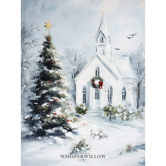 Velto Snowy Holiday Church And Tree, Winter Holiday Decor, Magical Season Wall Art Canvas, 8x12 UNFRAMED