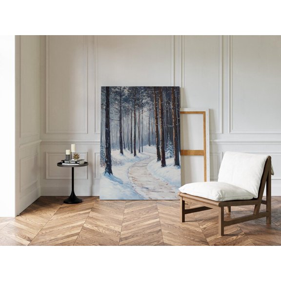 Velto Snowy Winter Forest Path Canvas – Peaceful Blue and White Woodland Scene in Vintage Texture, SIZE 16x24 INCLUDE Pine Wood Frame 0.75-Inch