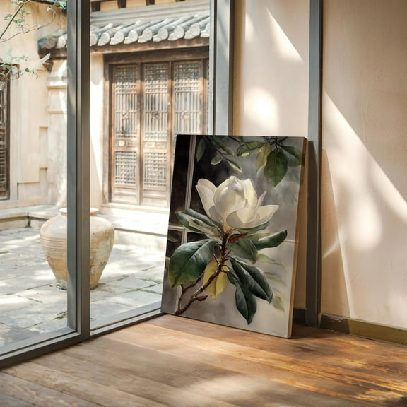 Velto Southern Magnolia White Bloom Canvas Art Botanical Wall Decor with Dark Background for Vintage Nature Inspired Interiors, SIZE 12x16 INCLUDE Pine Wood Frame 1.25-Inch