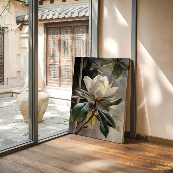Velto Southern Magnolia White Bloom Canvas Art Botanical Wall Decor with Dark Background for Vintage Nature Inspired Interiors, SIZE 16x24 INCLUDE Pine Wood Frame 1.25-Inch