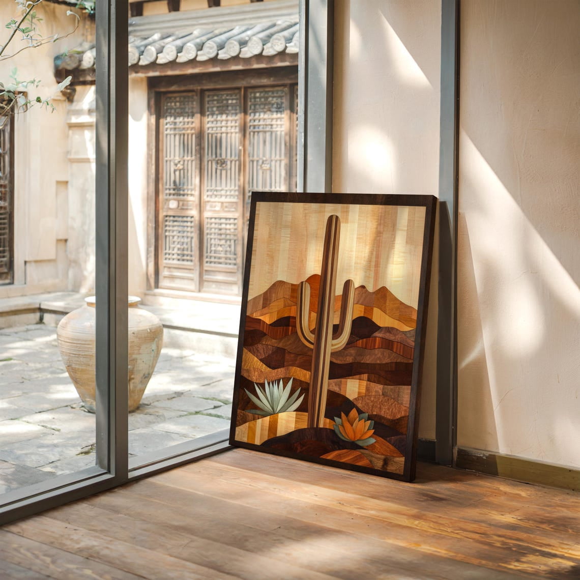 Velto Southwest Cactus Desert Landscape Canvas With Wood Grain Texture ...