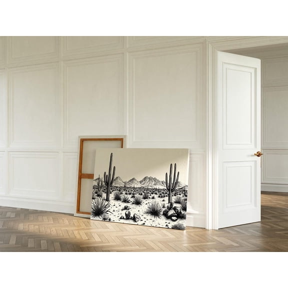 Velto Southwest Desert Ink Drawing Black and White Cactus Art Mountain Landscape Western Wall Decor Rustic Cowboy Home Canvas, SIZE 8x12 INCLUDE Pine Wood Frame 1.25-Inch