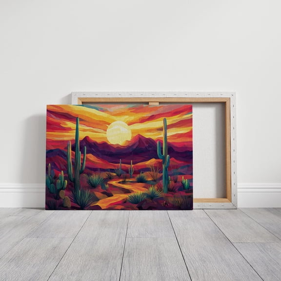 Velto Southwest Desert Sunset Canvas Art Colorful Cactus Landscape Vibrant Mountain Scene Bold Southwestern Wall Decor, SIZE 8x10 INCLUDE Pine Wood Frame 1.25-Inch