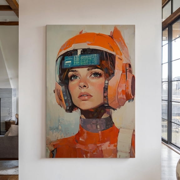 Velto Space Explorer Canvas Wall Art Futuristic Female Portrait in Orange Helmet Modern Sci Fi Decor, SIZE 8x12 INCLUDE Pine Wood Frame 0.75-Inch