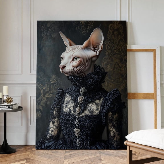 Velto Sphynx Cat Portrait Wall Art Print, Regal Victorian Lace, Gothic Baroque Animal, Nature Inspired Living Room Decor