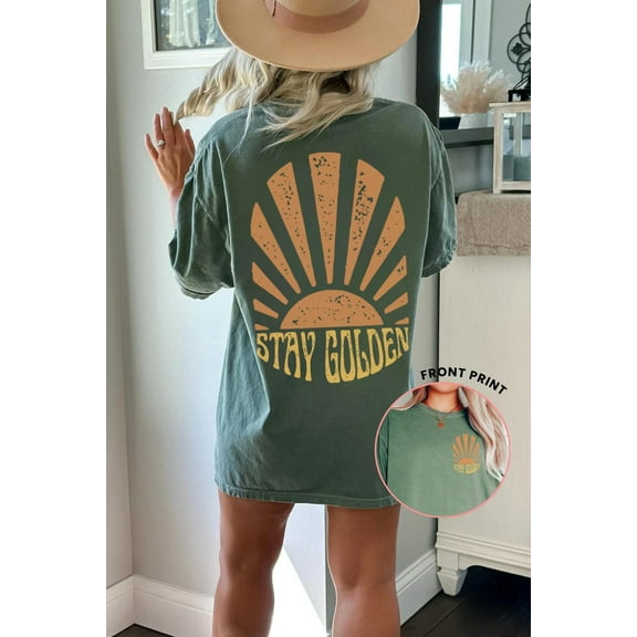 Velto Stay Golden Shirt Boho Graphic Tshirt Golden Sun Tee Abstract Retro Sun T-Shirt Oversized Shirt Words On Back Aesthetic Shirts All Size S-5XL