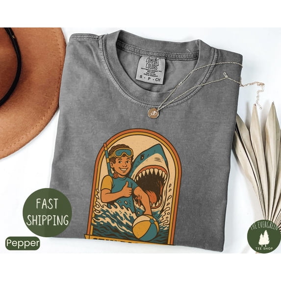Velto Stay Positive Shark Attack Retro Humor Graphic T-Shirt Fullsize S-5XL Shirt