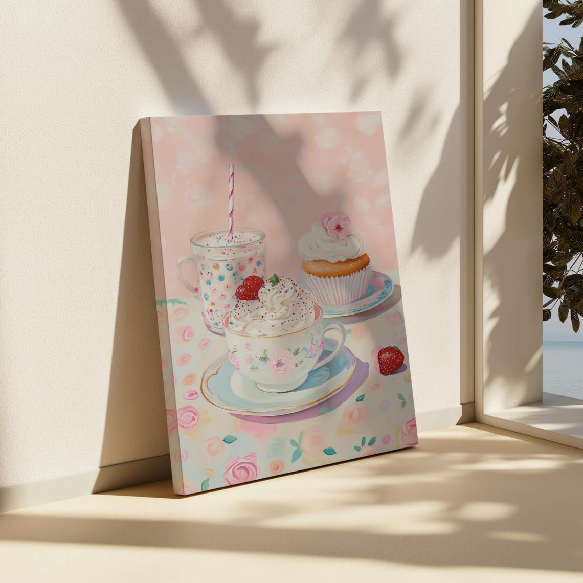 Velto Strawberry Cake Canvas Art Sweet Dessert Illustration Pastel Pink ...