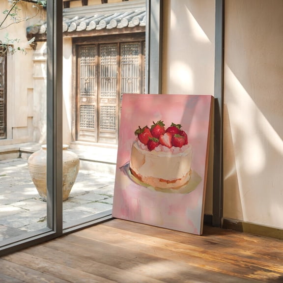 Velto Strawberry Cake Canvas, Pink Dessert Wall Art, Sweet Kitchen Baking Inspired Home Decor, SIZE 8x12 INCLUDE Pine Wood Frame 1.25-Inch