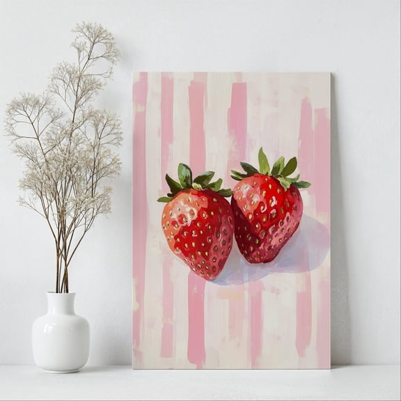 Velto Strawberry Canvas Art Botanical Fruit Illustration Pastel Red Vibrant Summer Kitchen Rustic Inspired Wall Decor, SIZE 12x18 INCLUDE Pine Wood Frame 1.25-Inch