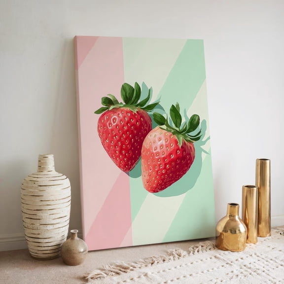 Velto Strawberry Canvas Wall Art Vibrant Red Fruit Illustration Pastel Botanical Summer Kitchen Inspired Home Decoration, SIZE 8x10 INCLUDE Pine Wood Frame 1.25-Inch