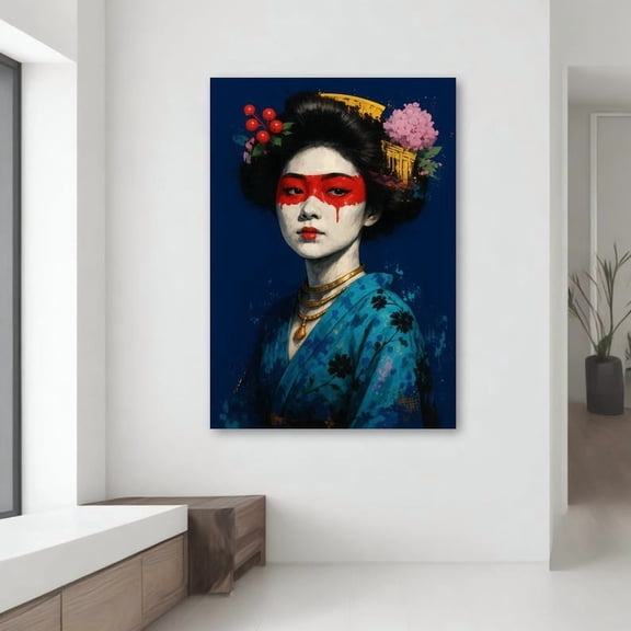 Velto Striking Asian Woman Art Red Face Paint Portrait Canvas Print Japanese Inspired Kimono Gold Necklace Contemporary Moody Home Decor Canvas, 8x12 UNFRAMED
