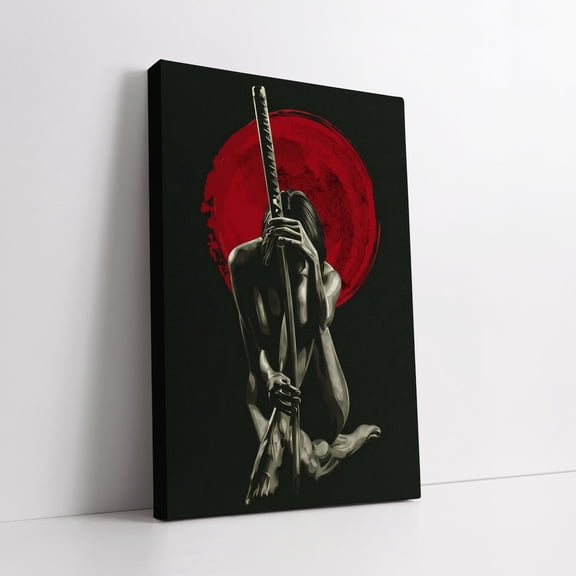 Velto Striking Samurai Warrior Art Canvas Print, Bold Red Sun Background, Perfect Gift For Modern Decor Enthusiasts Canvas, 8x12 INCLUDE Pine Wood Frame 1.25-Inch