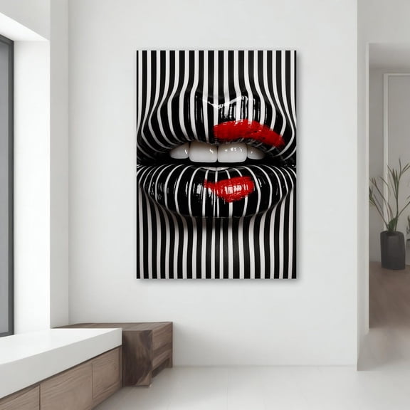Velto Striped Woman Lips Canvas - Black & White Optical Pop Art Wall Decor, Bold Gift For Her, Modern Graphic Statement Canvas, 8x10 UNFRAMED