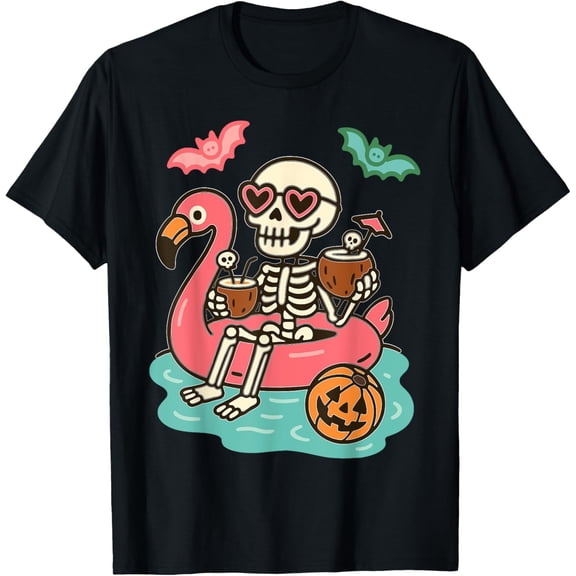 Velto Summerween Skeleton Floating in Flamingo Cute Spooky T-Shirt All Size S-5XL