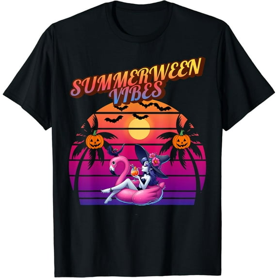 Velto Summerween Vibes Witch Flamingo Float, Witch Summerween Vibe T-Shirt All Size S-5XL