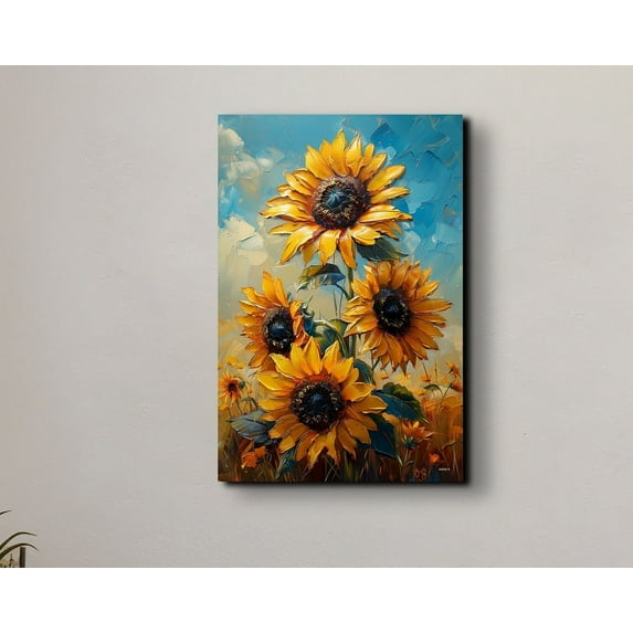 Velto Sunflowers Canvas Art Rustic Botanical Portrait Illustration Farmhouse Nature Inspired Floral Wall Decor, SIZE 12x16 INCLUDE Pine Wood Frame 1.25-Inch