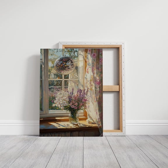 Velto Sunlit Window Scene Canvas Art - Wildflower Bouquet, Floral Curtains & Sparkling Disco Ball, Rustic Chic Wall Decor For Cozy Spaces Canvas, 12x18 UNFRAMED