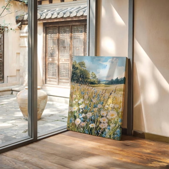 Velto Sunny Meadow with Daisies and Blue Wildflowers Bright Summer Landscape Canvas Wall Art with Rolling Hills and Blue Sky, SIZE 8x10 INCLUDE Pine Wood Frame 1.25-Inch