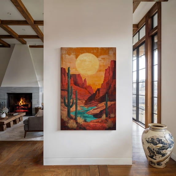 Velto Sunset Desert Canyon Canvas Art - Vintage Southwest Landscape, Cactus and River Boho Western Decor, SIZE 12x18 INCLUDE Pine Wood Frame 1.25-Inch