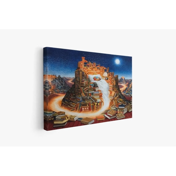 Velto Surreal Book Mountain Canvas - Whimsical Library Art - Unique Wall Art Gift For Book Lovers Canvas, 8x10 UNFRAMED