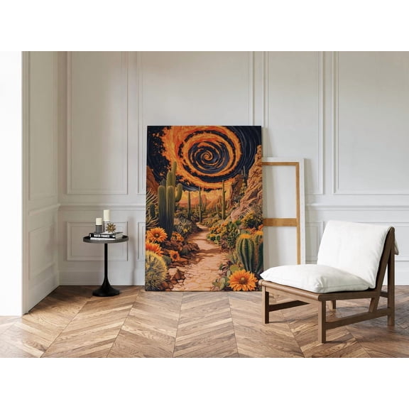 Velto Surreal Desert Cactus Wall Art – Fiery Spiral Sky Southwest Landscape Canvas, Vibrant Western Path With Flowers And Cactus Canvas, 12x18 UNFRAMED