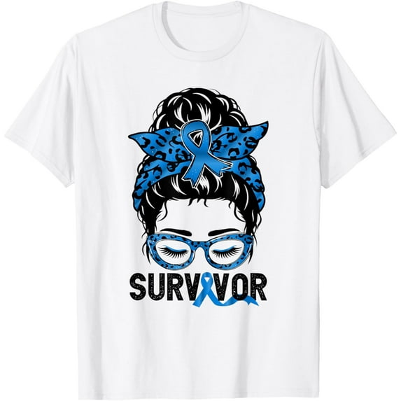 Velto Survivor Messy bun Blue Colon Cancer Awareness Bleached T-Shirt All Size S-5XL