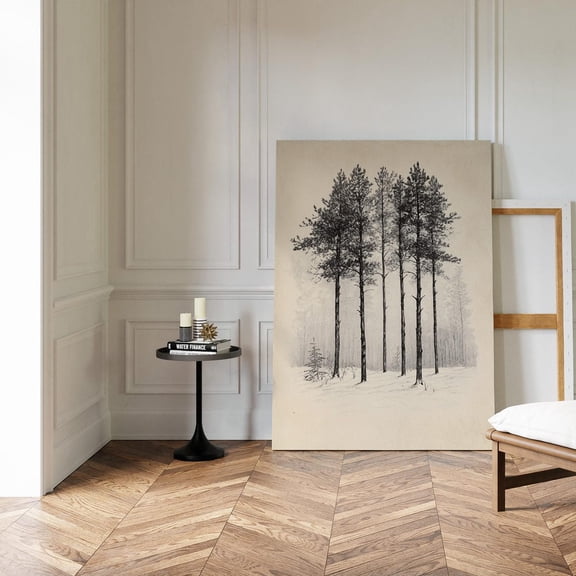 Velto Tall Pine Tree Forest Sketch Canvas Art - Minimalist Winter Woodland Ink Drawing, SIZE 8x10 INCLUDE Pine Wood Frame 1.25-Inch