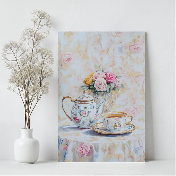 Velto Tea Time Canvas Wall Art Vintage Romantic Table Scene Illustration Pastel Feminine Kitchen Inspired Decorative Artwork, SIZE 12x18 INCLUDE Pine Wood Frame 1.25-Inch