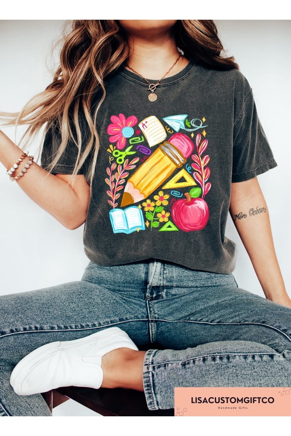 Teacher Bow T-shirt, Floral Preppy Graphic Apparel, Back to School Outfit, Trendy Classroom Appreciation Gift Clothing, Full Size S-5XL